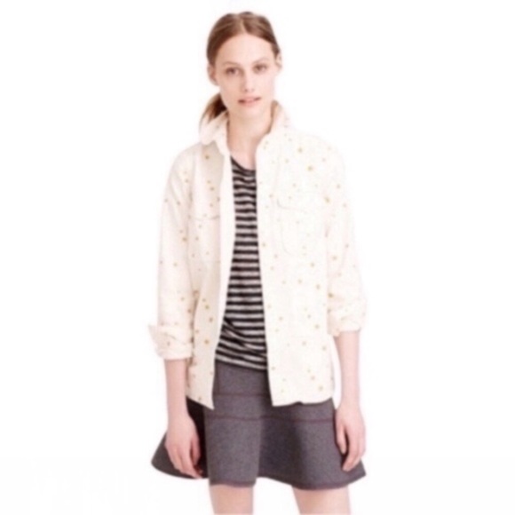 J. Crew Tops - J.Crew Star Print Button Down XS Cream Gold Collared Cotton Blouse Casual Preppy